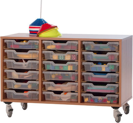 Sideboard mit flachen Ergo-Tray Boxen, x-reihig, mit Rollen, Sockel oder Standfüßen.